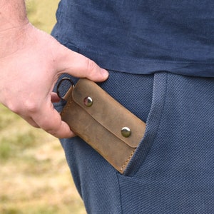 Cartera delgada de llavero de cuero desgastado para tarjetas, Cartera pequeña con llavero, Cartera de bolsillo frontal, Cartera titular de tarjeta para hombres, Cartera micro id