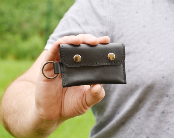Small Leather Keychain Wallet for Men, Black Wallet for Credit