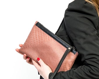 Zipper crocodile embossed clutch bag for evening, Mini bag clutch with wrist strap for ladies, Small elegant clutch bags for woman