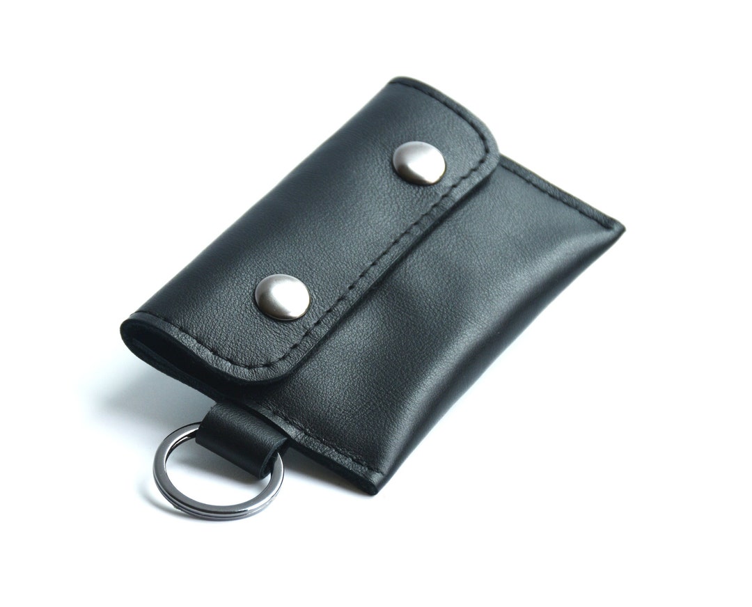 Small Keychain Wallet With Rfid Protection for Id Cards, Black Leather