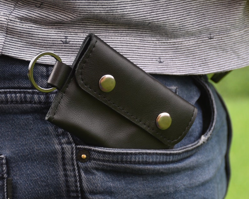 Cartera pequeña de cuero con llavero para hombre, Cartera negra para tarjetas de crédito con, Cartera sencilla con llavero, Cartera con bolsillo frontal imagen 2