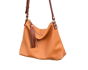 Brown Leather Slouchy Crossbody Bag, Everyday Hobo with Tassel