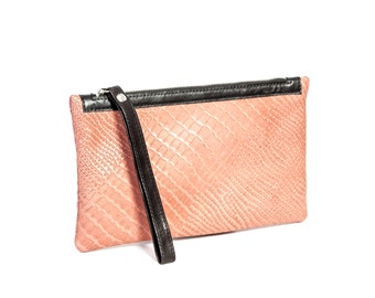 Crocodile clutch bag with wrist strap for evening, Leather mini bag clutch for woman, Small minimalist zip clutch bags for ladies