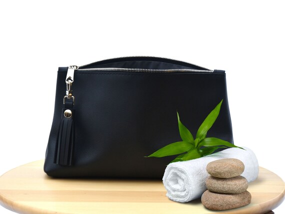 Soft leather sale makeup bag