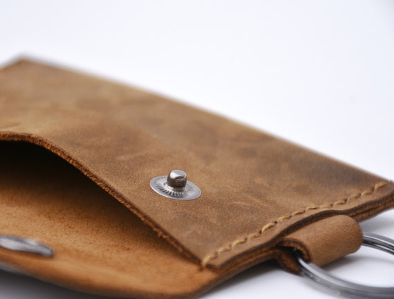 Brown Mini Keychain Wallet for Men, Leather Wallet with Keyring, Slim Wallet for Credit Cards, Front Pocket Wallet, Small Leather Cardholder