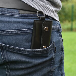 Cartera pequeña de cuero con llavero para hombre, Cartera negra para tarjetas de crédito con, Cartera sencilla con llavero, Cartera con bolsillo frontal imagen 3