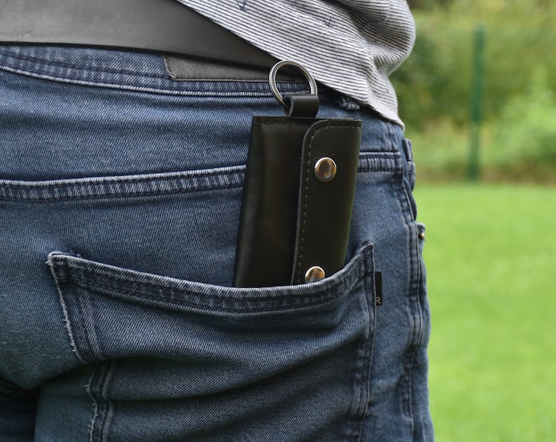 Cartera pequeña de cuero con llavero para hombre, Cartera negra para tarjetas de crédito con, Cartera sencilla con llavero, Cartera con bolsillo frontal imagen 3