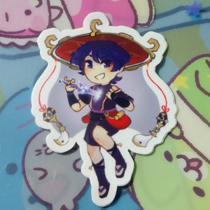 May include: A sticker featuring a cartoon character with purple hair, wearing a red and gold hat and a black and purple outfit, holding a glowing blue sword. The character is standing on a white cloud with a red string attached to a gold key.
