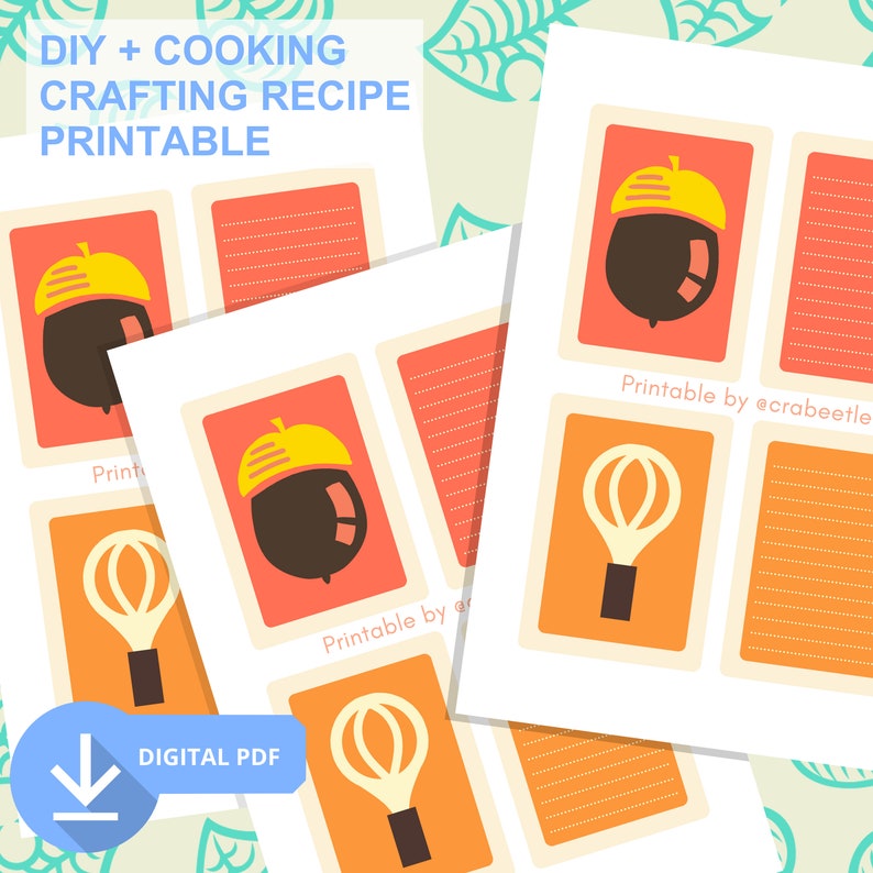 May include: Printable cards featuring illustrations of an acorn, a whisk, and lined paper. The cards are orange and red with white text that says "Printable by ecrabeetle".