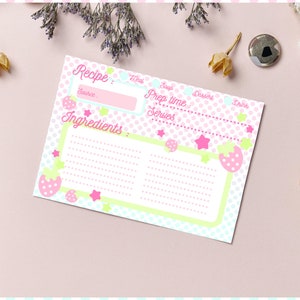 Cartões de Receitas de Morango para Imprimir – Decoração de Cozinha Rosa Kawaii – Download Instantâneo