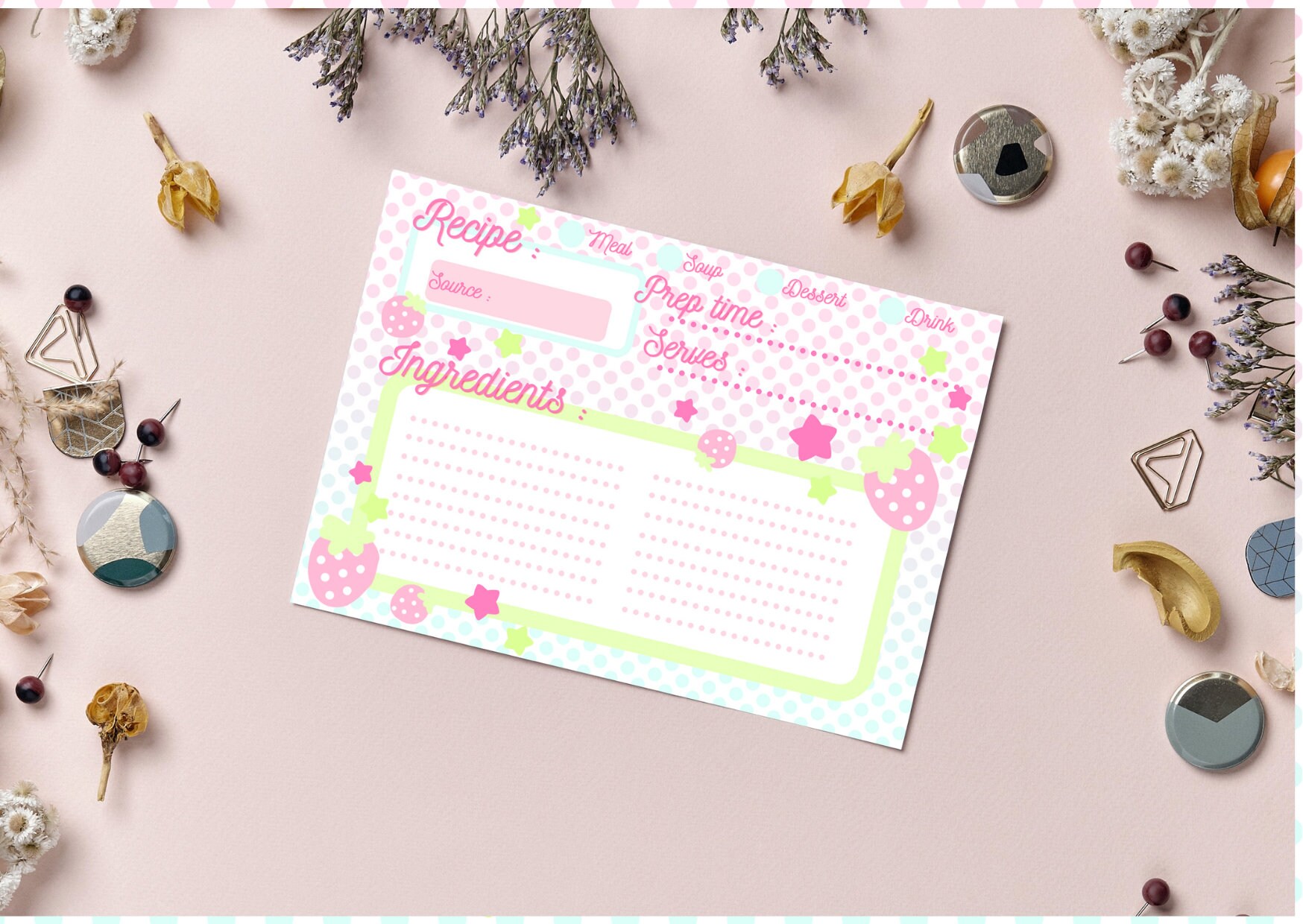 Brown and Pink Polka Dots Personalized Recipe Cards