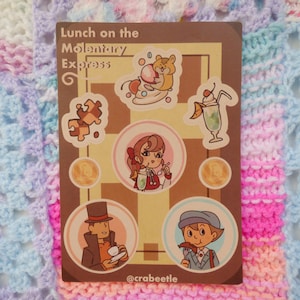 Professor Layton-stickers - Lunch op de molentary Express (Luke Triton Layton Flora Reinhold hamster duivelse doos pandora's doos) + stickers