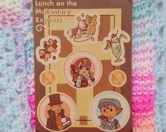 Professor layton stickers- Lunch on the molentary express (Luke triton layton flora reinhold hamster diabolical box pandora's box )+stickers
