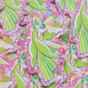 Puede incluir: Una colección de pegatinas con un personaje de dibujos animados estilizado con una combinación de colores verde y amarillo. El personaje tiene grandes hojas verdes y un diseño floral. Las pegatinas están colocadas sobre un fondo rosa con patrones de flores de cerezo.