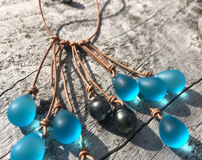 Blue seaglass and Tahitian pearl necklace