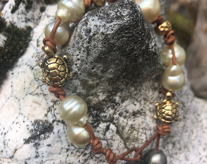 Gold plated Turtle and South Sea pearls bracelet