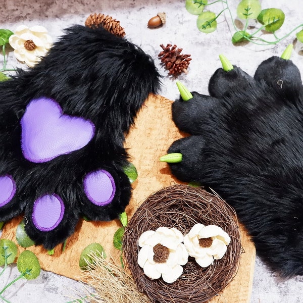 Fursuit puffy 5 five fingers hand paw paws  Custom Any color, Cute Fluffy Furry Hand paws Fursuit Partials with leather paw pads