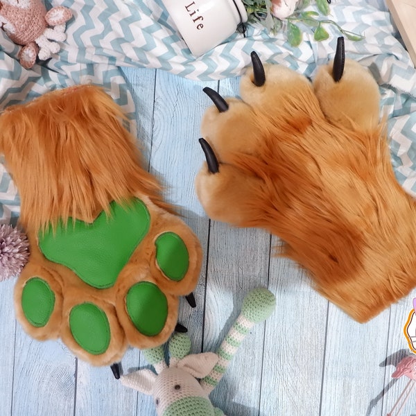 Ready to Ship! Fursuit puffy hand paw Custom Any color, Cute Fluffy Furry Hand paws Fursuit Partials with leather paw pads