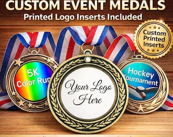 Custom Event Insert Medals - Personalized Medals - Custom Gold Silver Bronze Medals - Includes Ribbon - Personalized Event Awards