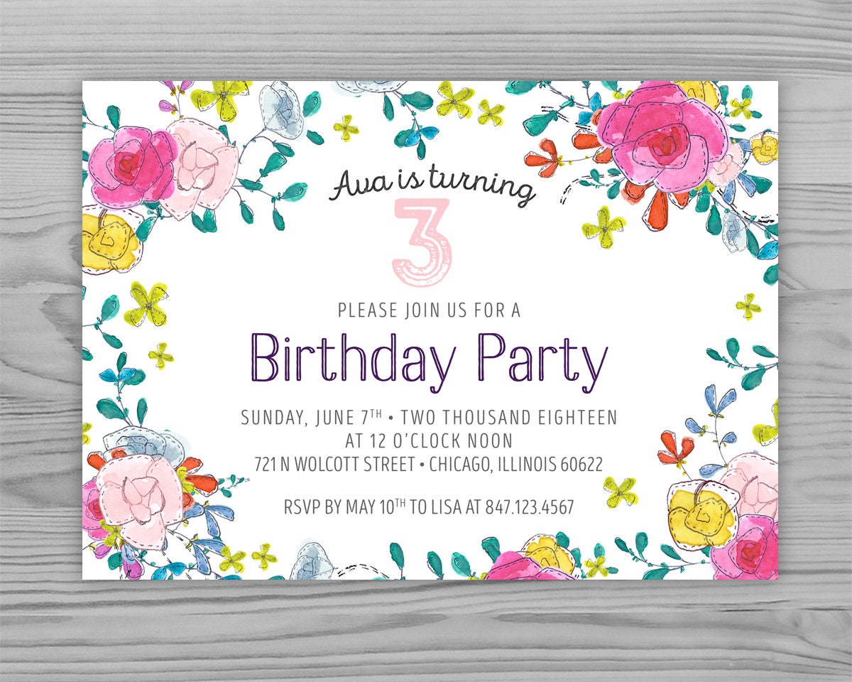 Cute Flowers 3 Year Old Birthday Invitation Kids Floral Etsy Cute Flowers 3 Year Old Birthday Invitation Kids Floral Etsy
