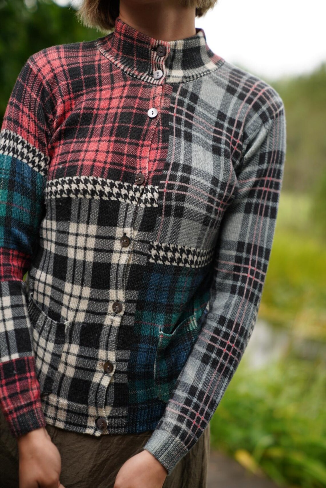 Vintage Jei'S 100% Merino Wool Cardigan, High Neck Art Knit Sweater, foto 2 di 5