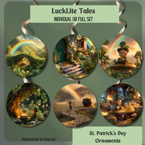 May include: Circular St. Patrick's Day ornaments featuring leprechauns and rainbows. Each ornament depicts a different scene, including a leprechaun near a pot of gold and a leprechaun sitting on a mushroom. The text "LuckLite Tales" and "St. Patrick's Day Ornaments" are visible.