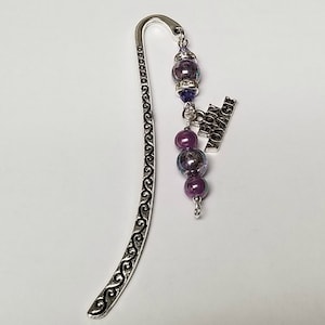 Purple, silver,Beaded bookmark, with charm, metal bookmark, antique silver, silver tone, jewelry, acrylic, pearl, Easter gift, Mother&#39;s day