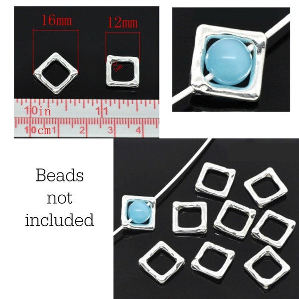 Bead frames, square, lead-safe, zinc metal alloy, silver plated,fits 8mm Bead, 12x12mm, 10 PC, square bead frame, silver toned, metal charm