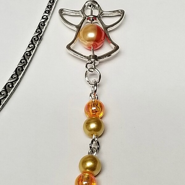 Beaded bookmark, with charm, metal bookmark, antique silver, silver tone, jewelry, orange, yellow, acrylic, pearl, book mark, Easter gifts