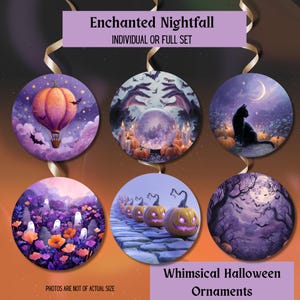 May include: Whimsical Halloween ornaments with various designs, including a hot air balloon, a crystal ball, and a black cat. The ornaments are round and feature a purple and orange color scheme. The text "Enchanted Nightfall" and "Whimsical Halloween Ornaments" are visible.