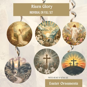 May include: Set of six round Easter ornaments featuring religious imagery. The ornaments depict a scene of the empty tomb, a cross, a sunrise, and Jesus ascending to heaven. The ornaments are decorated with flowers and have a vintage aesthetic.