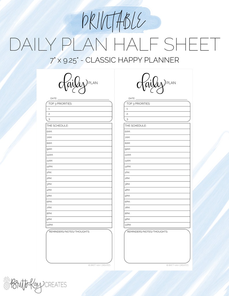 Daily Plan Half Sheet Printable Classic Happy Planner Etsy