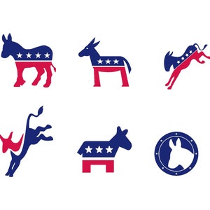 Puede incluir: Seis variaciones diferentes de un logotipo de burro y elefante, ambos en azul y rojo con estrellas blancas, que representan los partidos Demócrata y Republicano en los Estados Unidos.