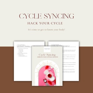 May include: A promotional image for a book titled "Cycle Syncing." The cover features a pink background with a menstrual pad, a clock, and feathers. The text reads "Embrace Your Natural Rhythm." Additional pages are visible.