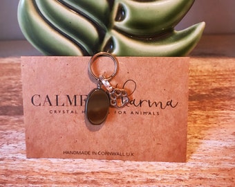 Hematite crystal healing charm for cats, dogs. Grounds. Calms, helps blood & kidney disorders, anaemia, iron deficiency, boosts vitality.