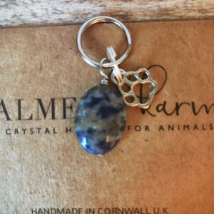 May include: A blue and white stone charm with a silver paw print charm attached to a silver key ring. The charms are on a brown background with the text "Alme Charm for Animals" and "Handmade in Cornwall UK".