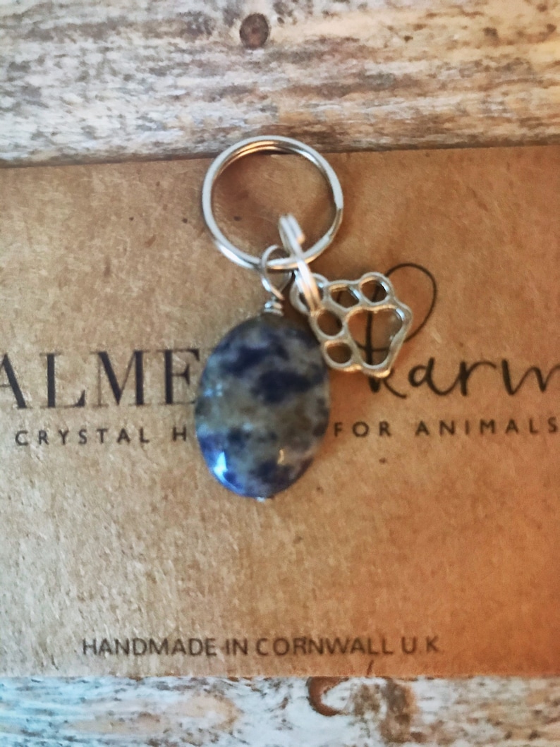 May include: A blue and white stone charm with a silver paw print charm attached to a silver key ring. The charms are on a brown background with the text "Alme Charm for Animals" and "Handmade in Cornwall UK".