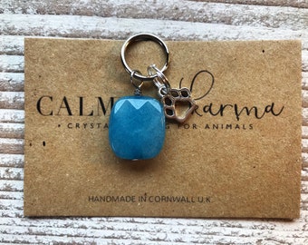 Aquamarine. Cools & calms stress, temper, aggression, joint pain, inflammation, arthritis, brings peace. Crystal healing charm for pets