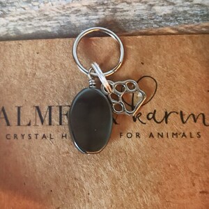 May include: A black oval-shaped stone charm with a silver paw print charm attached to a silver key ring. The charms are on a brown background with the text "Almer Karma for Animals" and "Handmade in Cornwall U.K."