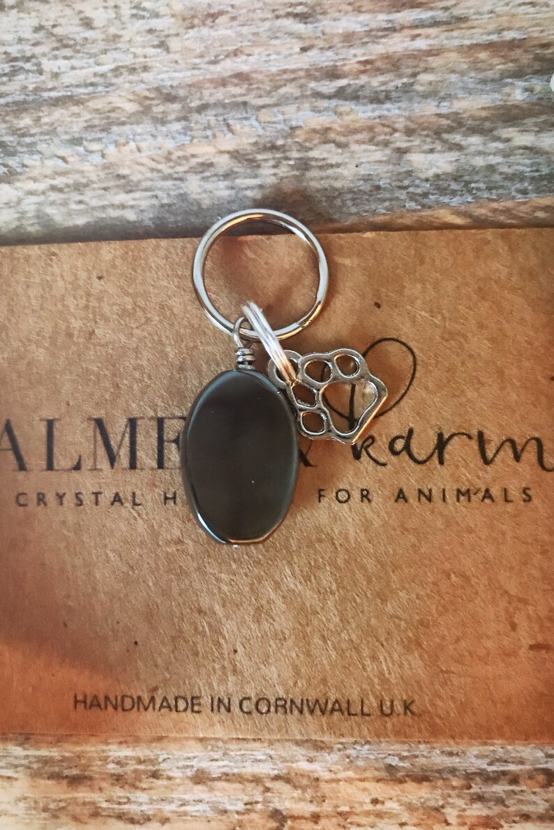 May include: A black oval-shaped stone charm with a silver paw print charm attached to a silver key ring. The charms are on a brown background with the text "Almer Karma for Animals" and "Handmade in Cornwall U.K."