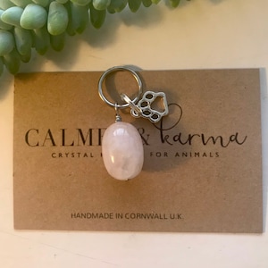 May include: A pink rose quartz crystal keychain with a silver paw print charm. The keychain is attached to a brown card with the text "CALME & karma CRYSTAL JEWELLERY FOR ANIMALS HANDMADE IN CORNWALL U.K."