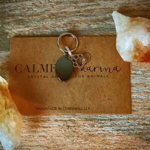 May include: Black obsidian crystal charm with a silver paw print charm attached to a silver ring. The charm is on a brown card with the text "CALME karma CRYSTAL HEALING FOR ANIMALS HANDMADE IN CORNWALL UK."