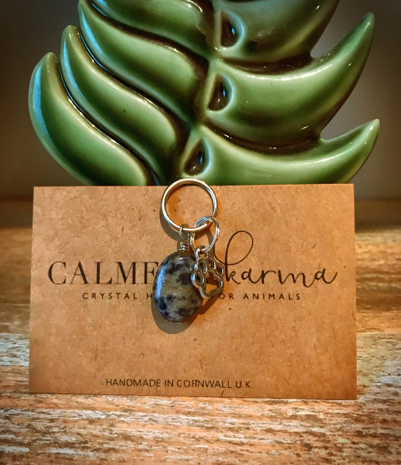 May include: A silver charm with a paw print and a grey and black stone charm on a gold chain. The charm is attached to a brown card with the text "Calm Karma Crystal Healing for Animals" and "Handmade in Cornwall U.K."
