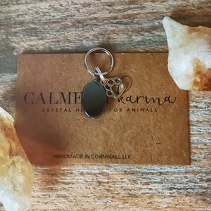 May include: Black obsidian crystal charm with a silver paw print charm attached to a silver ring. The charm is on a brown card with the text "CALME karma CRYSTAL HEALING FOR ANIMALS HANDMADE IN CORNWALL UK".