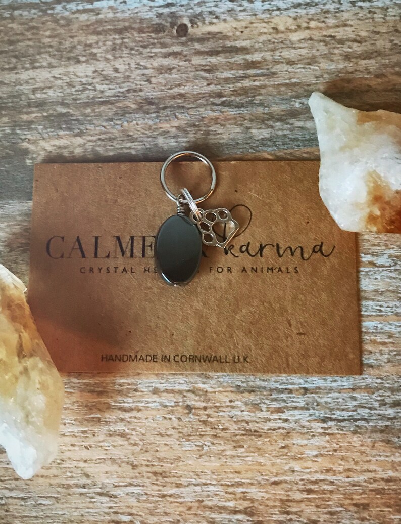 May include: Black obsidian crystal charm with a silver paw print charm attached to a silver ring. The charm is on a brown card with the text "CALME karma CRYSTAL HEALING FOR ANIMALS HANDMADE IN CORNWALL UK".