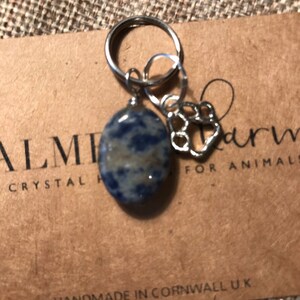 May include: A blue and white stone charm with a silver paw print charm attached to a silver key ring. The charms are attached to a brown card with the text "Alme Farm for Animals Handmade in Cornwall UK".