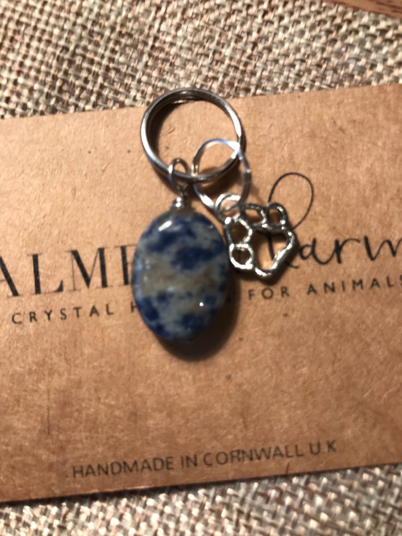 May include: A blue and white stone charm with a silver paw print charm attached to a silver key ring. The charms are attached to a brown card with the text "Alme Farm for Animals Handmade in Cornwall UK".