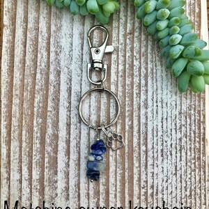 May include: A silver keychain with a blue and white stone charm and a silver paw print charm. The keychain is attached to a silver ring and a silver clasp. "Matching owner keychain" is written at the bottom of the image.