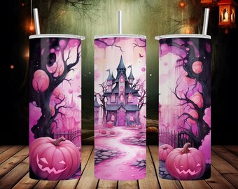 Pink Haunted House Tumbler - Halloween Tumbler - Spooky Tumbler - Halloween Vibes - Spooky House Tumbler