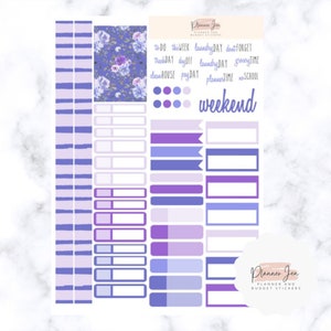 Weekly Planner Sticker Kit, Sampler, Kit 53, Purple and Blue Floral, April Colors, For Any Planner